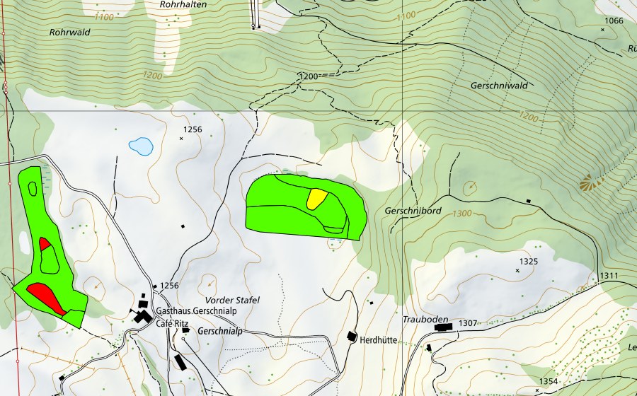 swisstopo national map showing the protected perimeter of Feldmoos (Gerschni) (Raised bog)