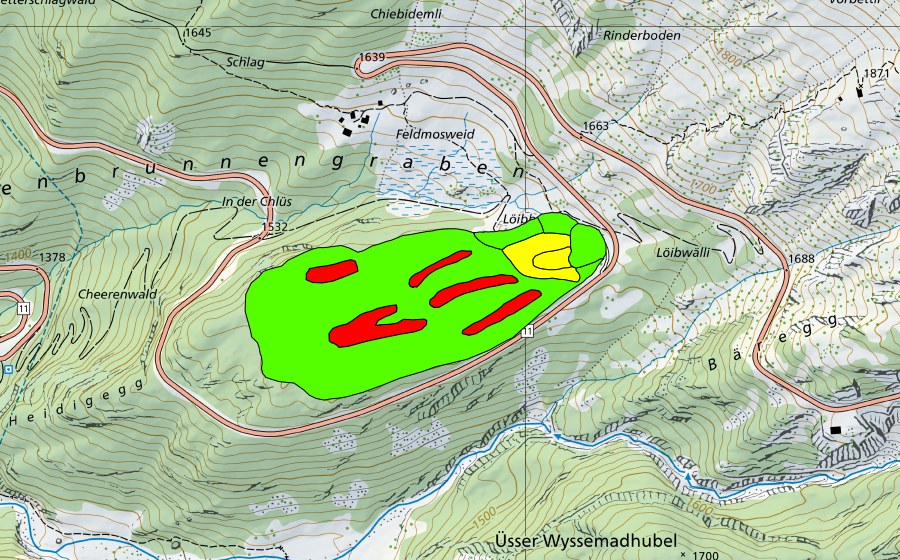 Landeskarte swisstopo mit dem Schutzperimeter von Feldmoos/Moore auf dem Feldmooshubel (Hochmoor)