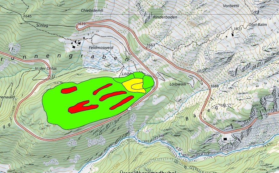 Landeskarte swisstopo mit dem Schutzperimeter von Feldmoos/Moore auf dem Feldmooshubel (Hochmoor)