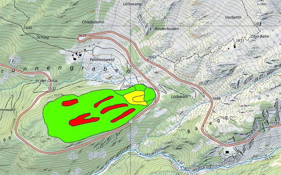 Landeskarte swisstopo mit dem Schutzperimeter von Feldmoos/Moore auf dem Feldmooshubel (Hochmoor)