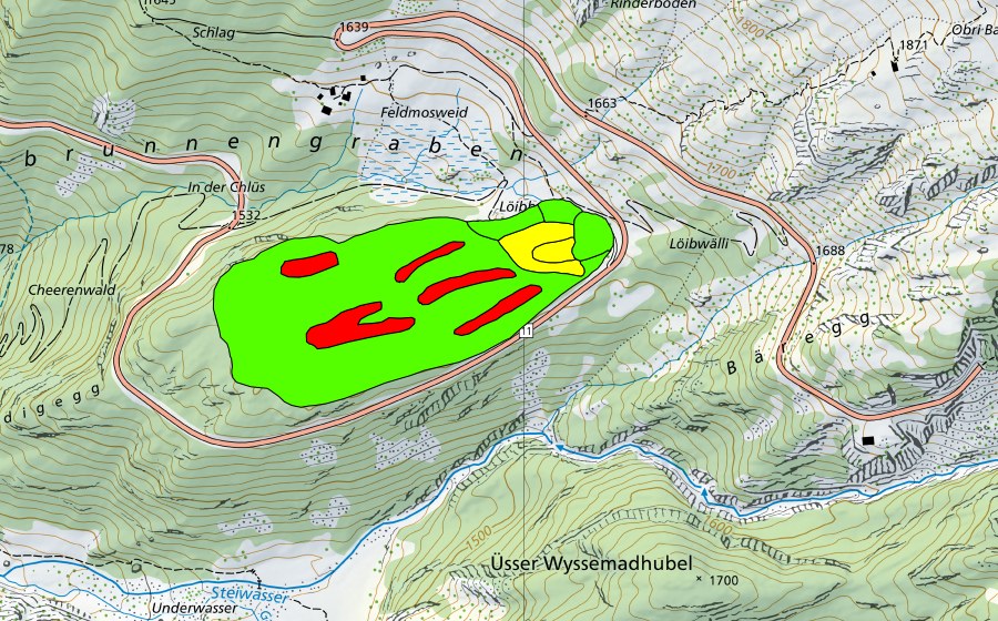 swisstopo national map showing the protected perimeter of Feldmoos/Moore auf dem Feldmooshubel (Raised bog)