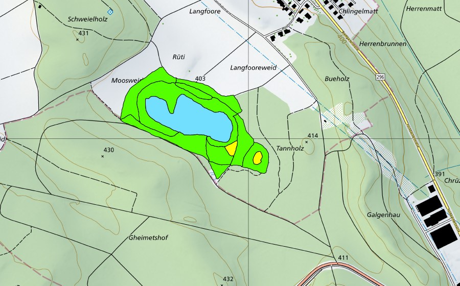 swisstopo national map showing the protected perimeter of Fischbacher Moos (Raised bog)