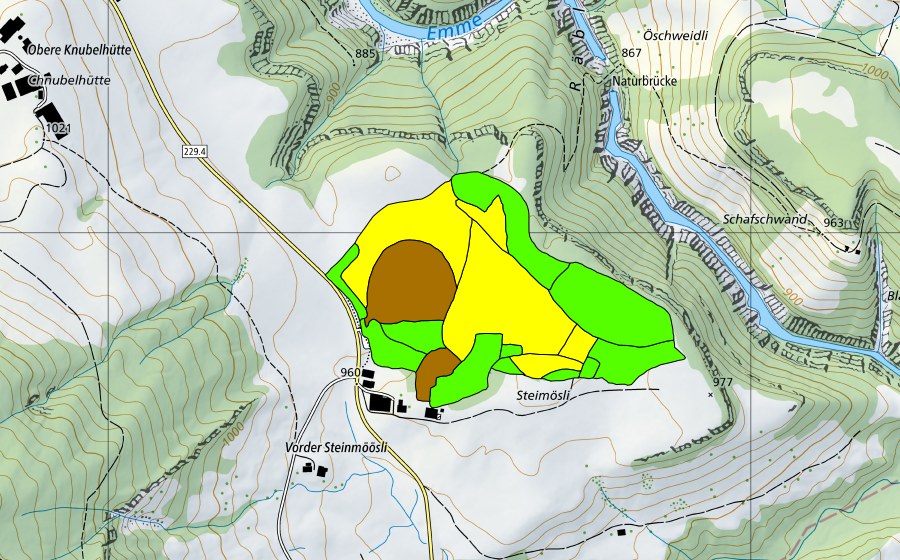 swisstopo national map showing the protected perimeter of Flüegfääl/Steinmoos (Raised bog)