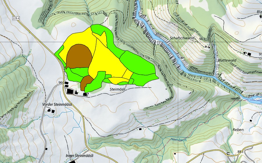 swisstopo national map showing the protected perimeter of Flüegfääl/Steinmoos (Raised bog)