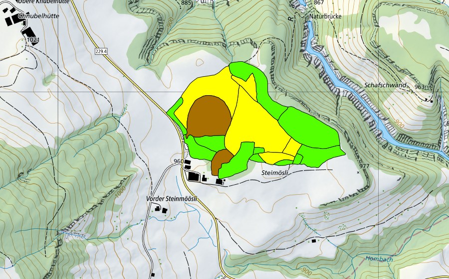 swisstopo national map showing the protected perimeter of Flüegfääl/Steinmoos (Raised bog)