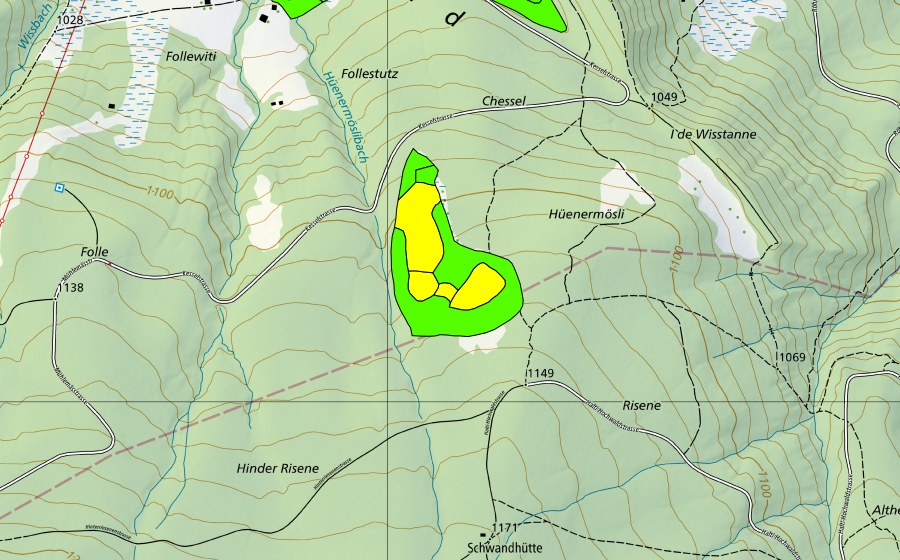 Landeskarte swisstopo mit dem Schutzperimeter von Follenwald im Krienser Hohwald (Hochmoor)