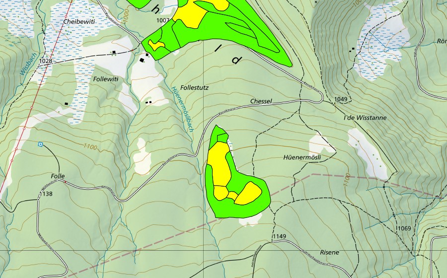 Landeskarte swisstopo mit dem Schutzperimeter von Follenwald im Krienser Hohwald (Hochmoor)