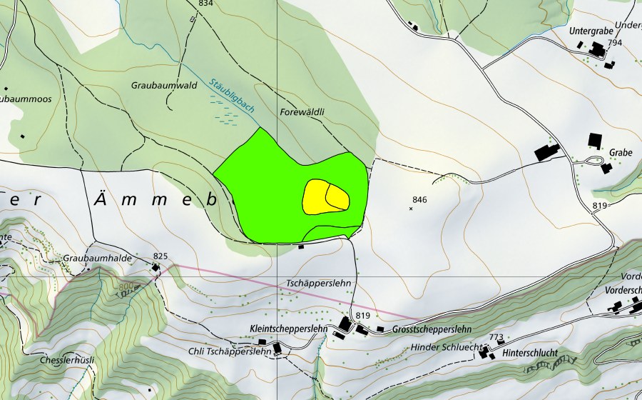 Carta nazionale swisstopo con il perimetro protetto di Forenmoos im Sigiger Wald (Torbiera alta)