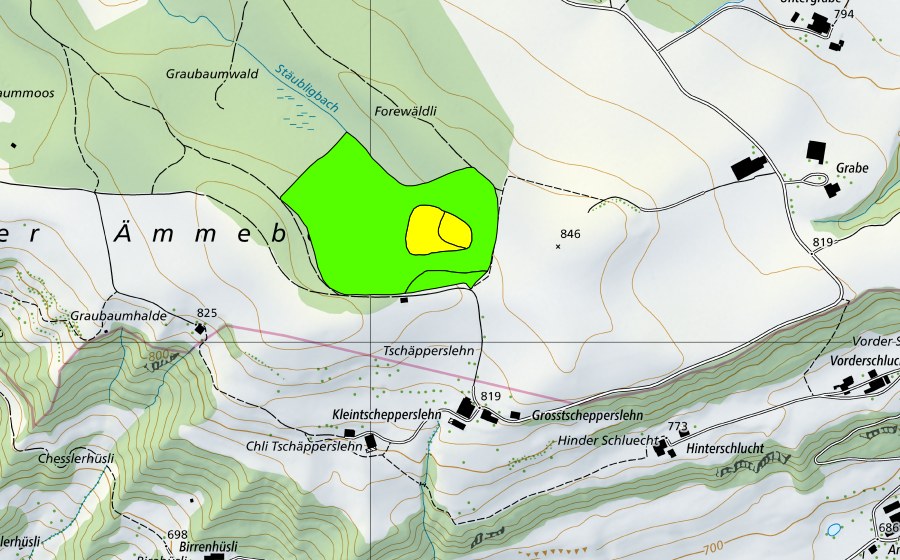 swisstopo national map showing the protected perimeter of Forenmoos im Sigiger Wald (Raised bog)