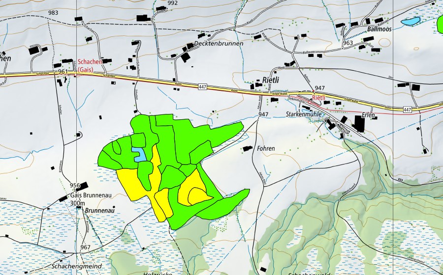 Landeskarte swisstopo mit dem Schutzperimeter von Forenmoos/Schachenmoos (Hochmoor)