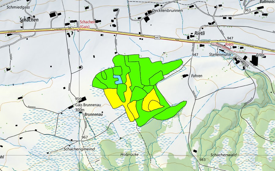 swisstopo national map showing the protected perimeter of Forenmoos/Schachenmoos (Raised bog)