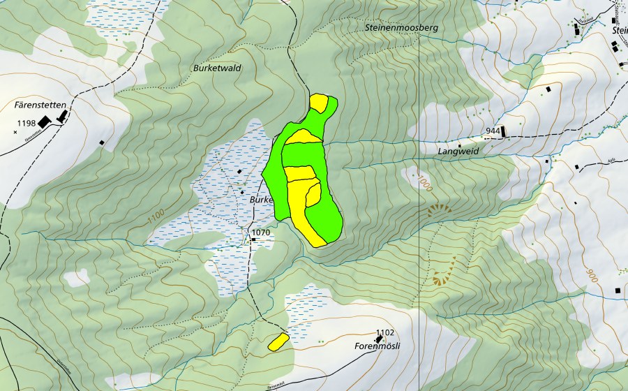 Carte nationale swisstopo avec le périmètre protégé de Forenmösli/Burketwald/Paradisli (Haut-marais)