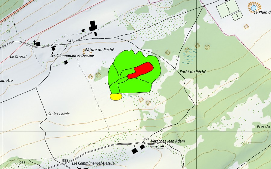 Landeskarte swisstopo mit dem Schutzperimeter von Forêt du Péché (Hochmoor)