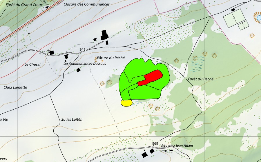 Carte nationale swisstopo avec le périmètre protégé de Forêt du Péché (Haut-marais)