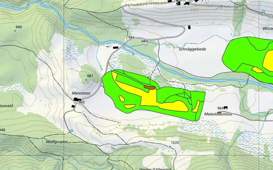swisstopo national map showing the protected perimeter of Forrenmoos/Meienstossmoos im Eigental (Raised bog)