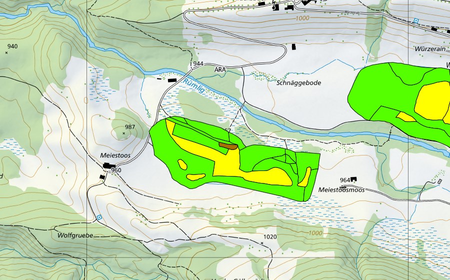 swisstopo national map showing the protected perimeter of Forrenmoos/Meienstossmoos im Eigental (Raised bog)