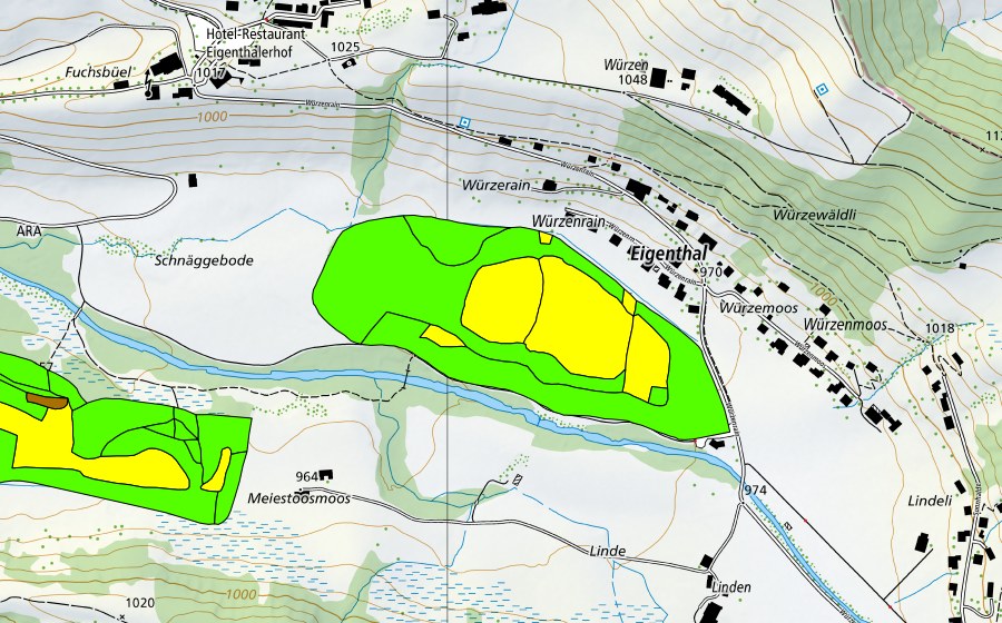 Carte nationale swisstopo avec le périmètre protégé de Forrenmoos/Meienstossmoos im Eigental (Haut-marais)