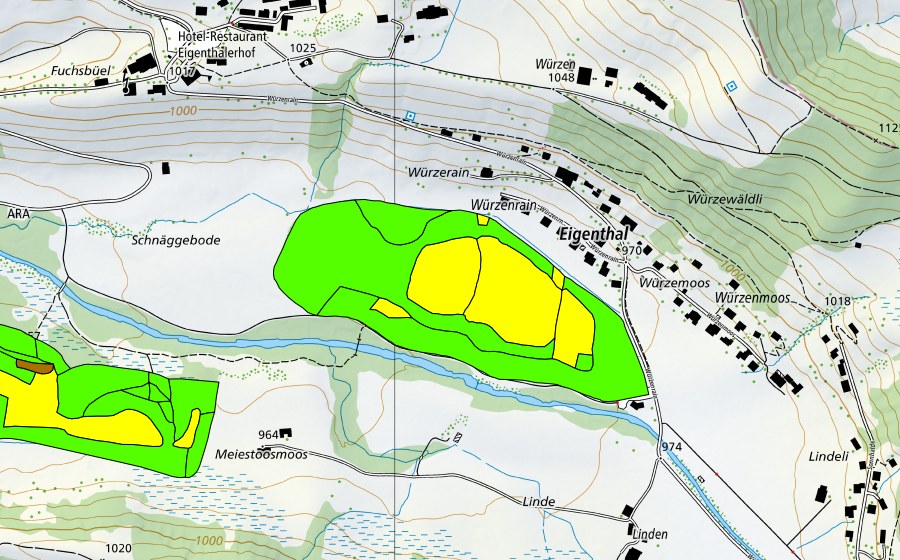 Carte nationale swisstopo avec le périmètre protégé de Forrenmoos/Meienstossmoos im Eigental (Haut-marais)