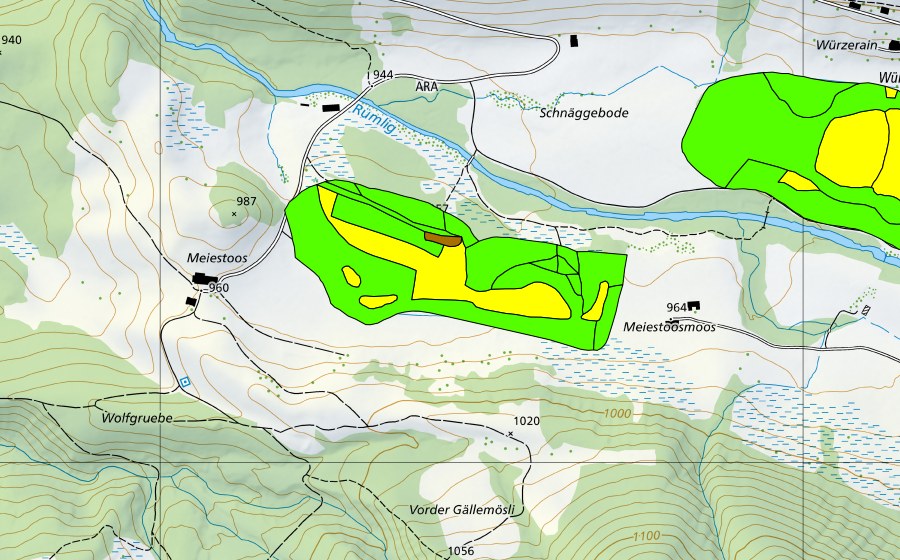 Landeskarte swisstopo mit dem Schutzperimeter von Forrenmoos/Meienstossmoos im Eigental (Hochmoor)