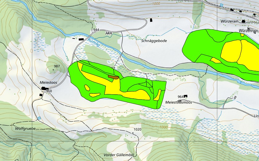 Carte nationale swisstopo avec le périmètre protégé de Forrenmoos/Meienstossmoos im Eigental (Haut-marais)