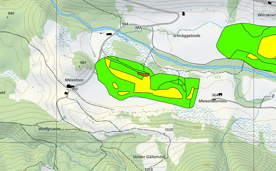 Landeskarte swisstopo mit dem Schutzperimeter von Forrenmoos/Meienstossmoos im Eigental (Hochmoor)