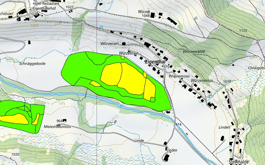 swisstopo national map showing the protected perimeter of Forrenmoos/Meienstossmoos im Eigental (Raised bog)