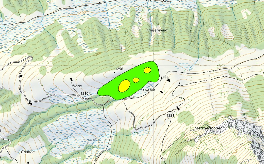swisstopo national map showing the protected perimeter of Friessen (Raised bog)