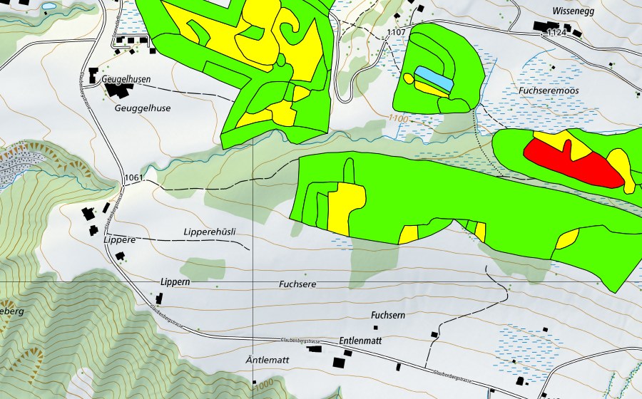 swisstopo national map showing the protected perimeter of Fuchseren (Raised bog)