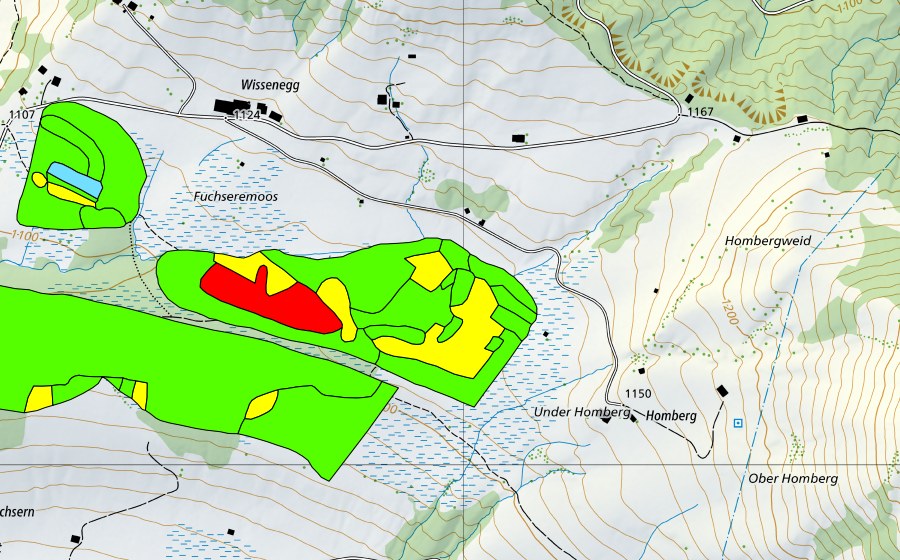 Carte nationale swisstopo avec le périmètre protégé de Fuchserenmoos/Geugelhusenmoos (Haut-marais)