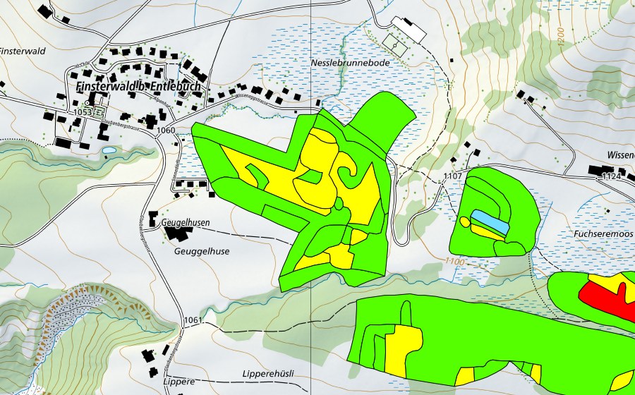 swisstopo national map showing the protected perimeter of Fuchserenmoos/Geugelhusenmoos (Raised bog)
