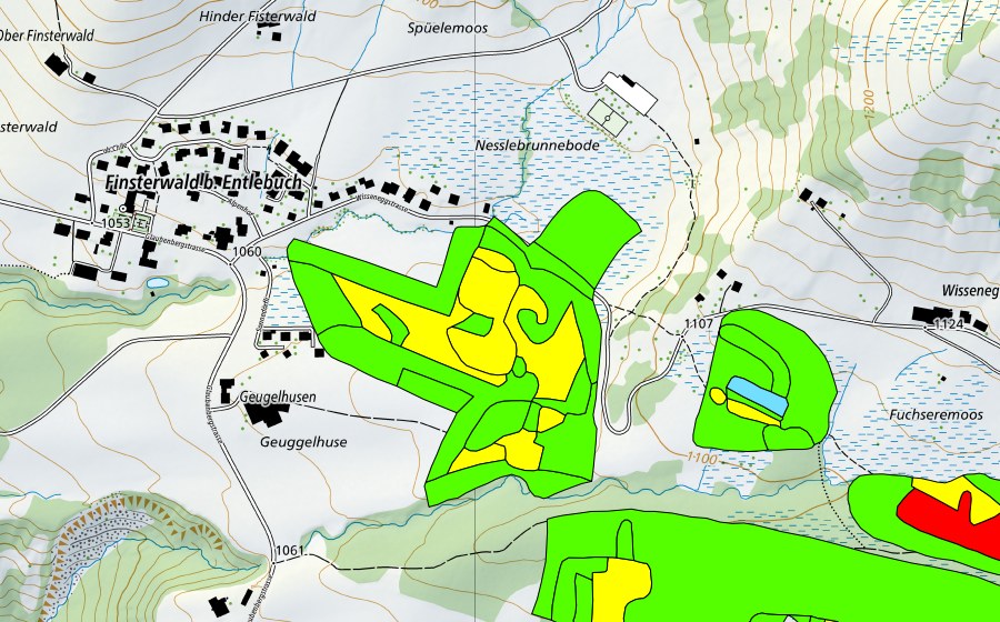 Landeskarte swisstopo mit dem Schutzperimeter von Fuchserenmoos/Geugelhusenmoos (Hochmoor)