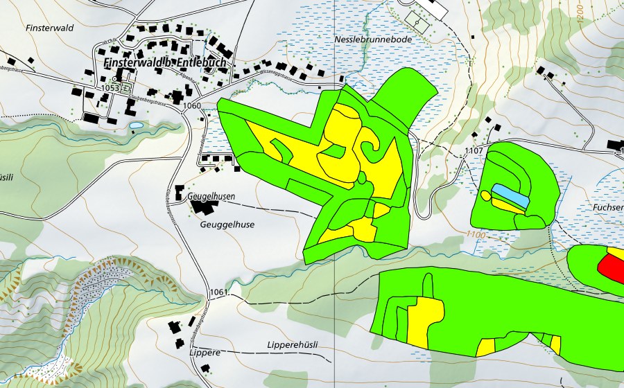 swisstopo national map showing the protected perimeter of Fuchserenmoos/Geugelhusenmoos (Raised bog)