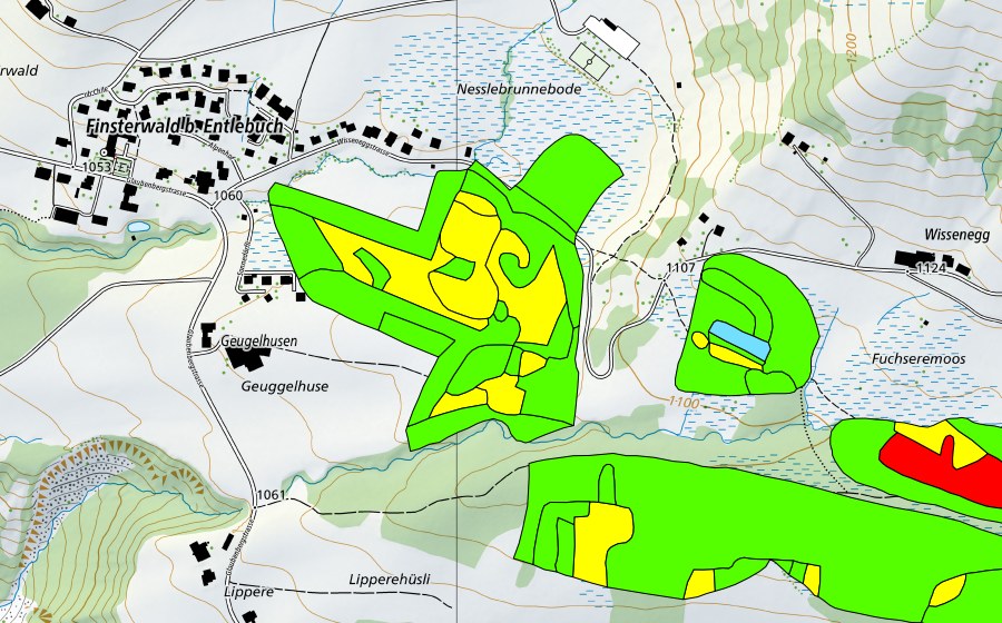 Carte nationale swisstopo avec le périmètre protégé de Fuchserenmoos/Geugelhusenmoos (Haut-marais)