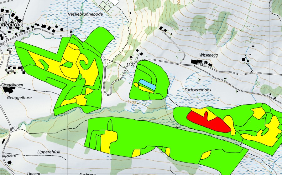 swisstopo national map showing the protected perimeter of Fuchserenmoos/Geugelhusenmoos (Raised bog)