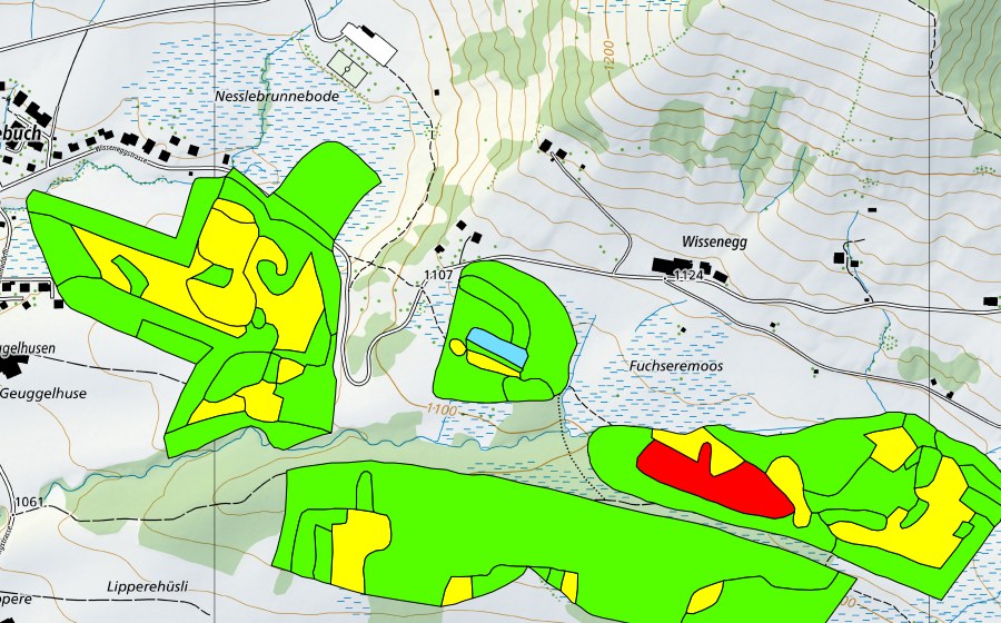 Carte nationale swisstopo avec le périmètre protégé de Fuchserenmoos/Geugelhusenmoos (Haut-marais)