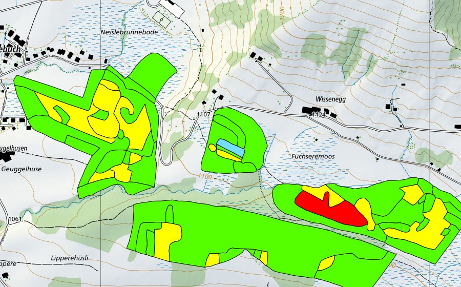 swisstopo national map showing the protected perimeter of Fuchserenmoos/Geugelhusenmoos (Raised bog)