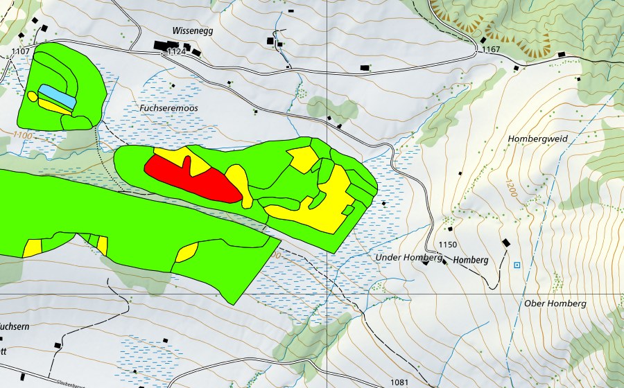 Carte nationale swisstopo avec le périmètre protégé de Fuchserenmoos/Geugelhusenmoos (Haut-marais)