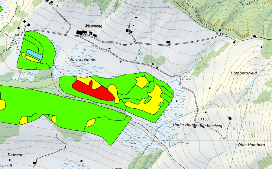 swisstopo national map showing the protected perimeter of Fuchserenmoos/Geugelhusenmoos (Raised bog)
