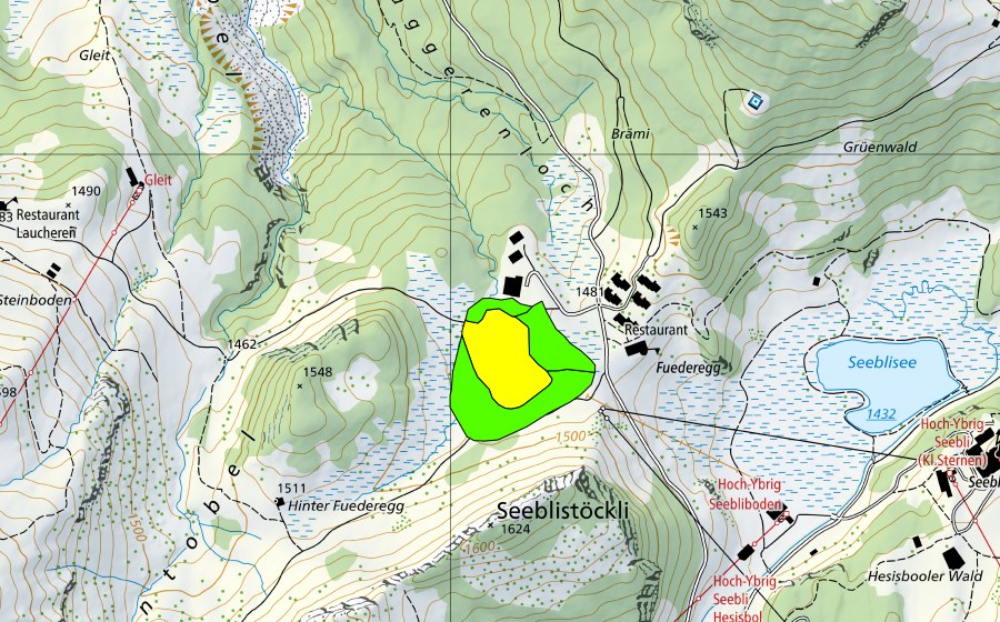 Carte nationale swisstopo avec le périmètre protégé de Fuederegg (Haut-marais)