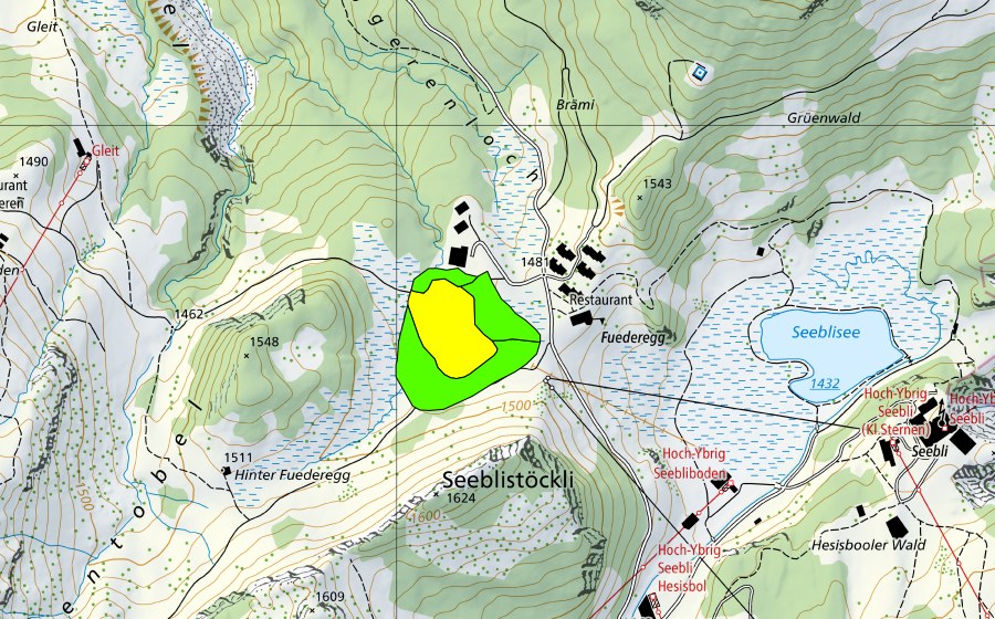 Carte nationale swisstopo avec le périmètre protégé de Fuederegg (Haut-marais)
