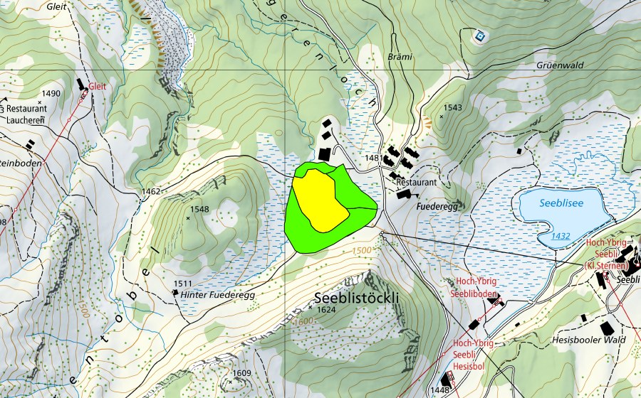 Carte nationale swisstopo avec le périmètre protégé de Fuederegg (Haut-marais)