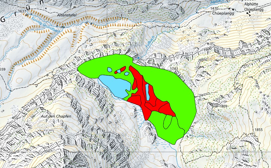 swisstopo national map showing the protected perimeter of Fulensee (Raised bog)