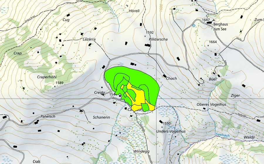 Landeskarte swisstopo mit dem Schutzperimeter von Fulried am Stelserberg (Hochmoor)