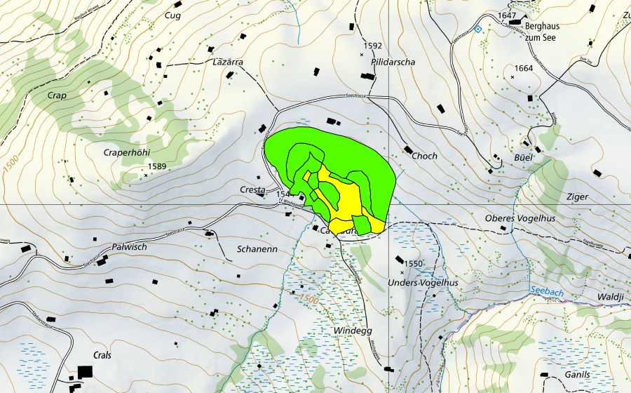 Landeskarte swisstopo mit dem Schutzperimeter von Fulried am Stelserberg (Hochmoor)