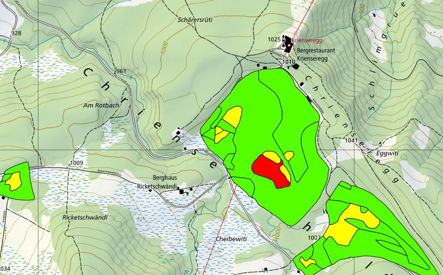 swisstopo national map showing the protected perimeter of Furenmoos bei der Krienseregg (Raised bog)