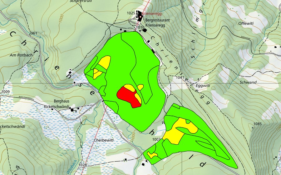 swisstopo national map showing the protected perimeter of Furenmoos bei der Krienseregg (Raised bog)