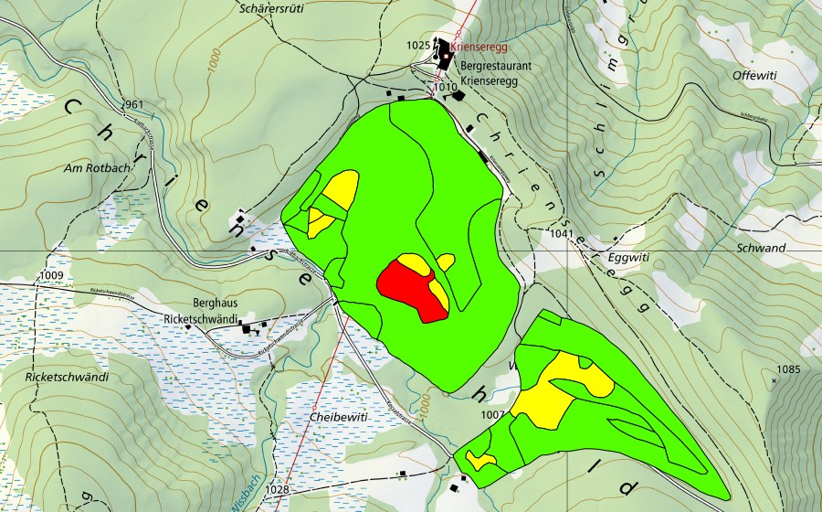 Carte nationale swisstopo avec le périmètre protégé de Furenmoos bei der Krienseregg (Haut-marais)