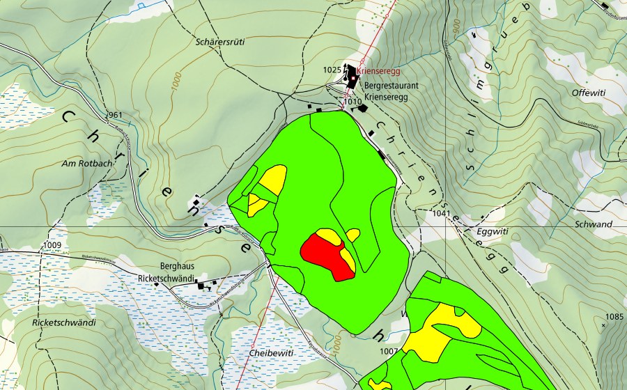 swisstopo national map showing the protected perimeter of Furenmoos bei der Krienseregg (Raised bog)