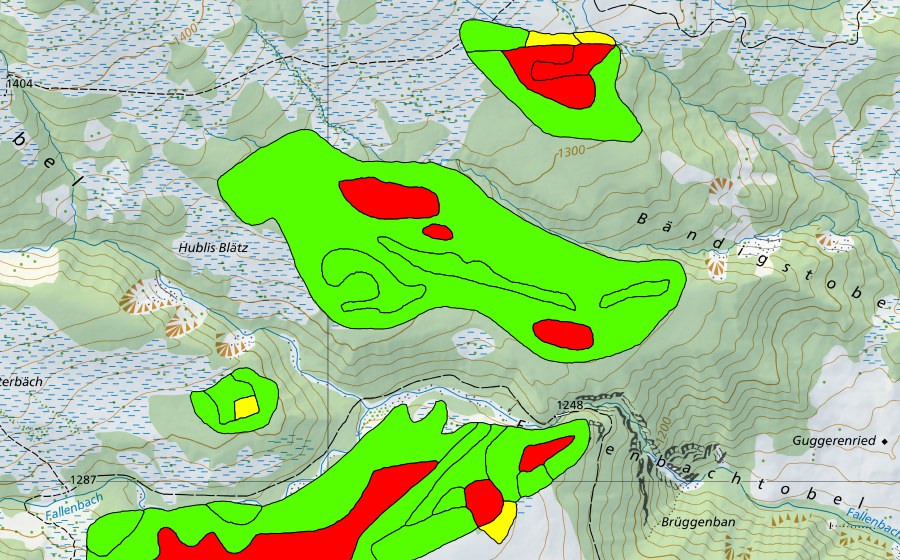 swisstopo national map showing the protected perimeter of Furenwald (Raised bog)