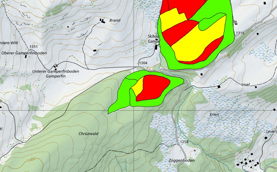 swisstopo national map showing the protected perimeter of Gamperfin/Turbenriet/Tischenriet/Gapels (Raised bog)